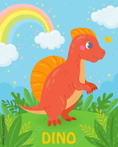 Cute hand drawn dinosaur with a butterfly, plants, rainbow, clouds. Funny smiling dino character in cartoon style. Print for baby posters, cards, clothes, cover, stickers. Vector illustration 