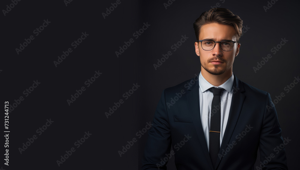 Portrait of businessman in suits on a dark background. Copy space for text, message, logo, advertising. Concept of business, finance, professional, profession, occupation, employee, boss, employer Portrait of businessman in suits on a dark background. Copy space for text, message, logo, advertising. Concept of business, finance, professional, profession, occupation, employee, boss, employer