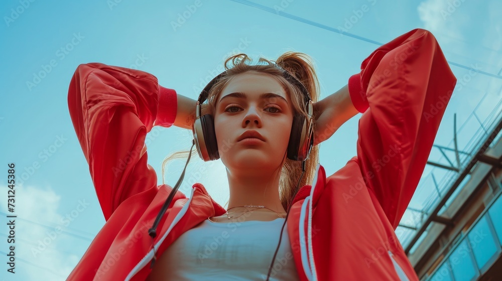 Fototapeta premium young woman wearing sportswear and headphones in the city