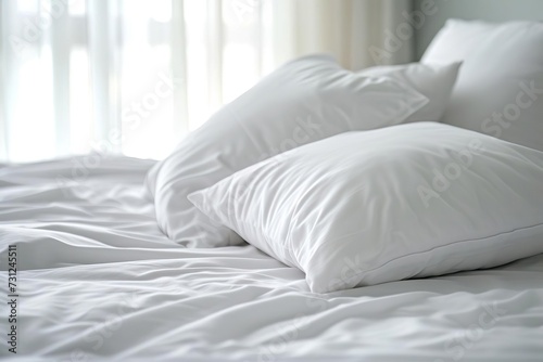 White bedding sheets and pillow Creating a background that conveys the concept of comfort Relaxation And the inviting atmosphere of a well-prepared bed