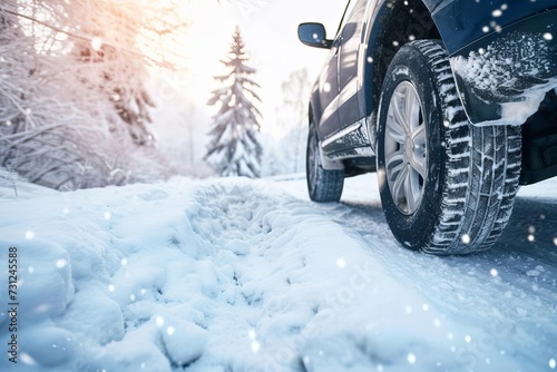 Winter tire on an suv navigating a snowy road Highlighting the importance of safety and preparedness for winter driving conditions and family travel to ski resorts