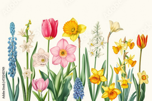 botanical illustration of various spring flowers, including tulips, daffodils, and hyacinths