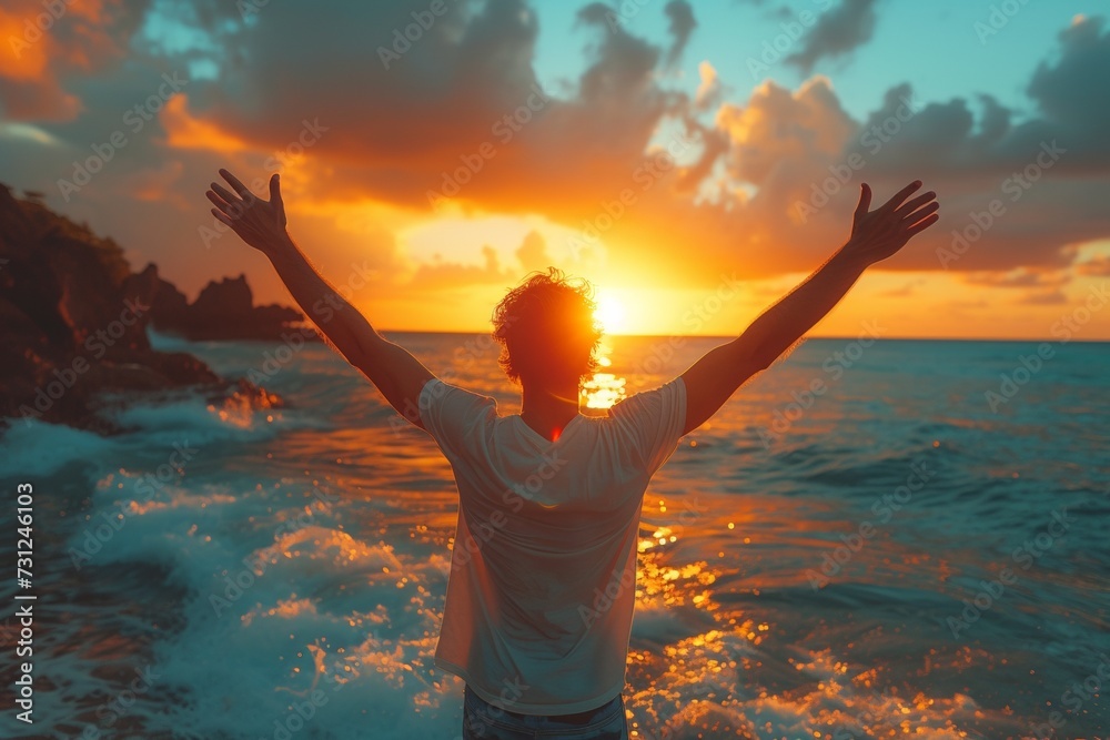 A young guy embraces sunrise on the beach, symbolizing freedom, wellness, and happiness.