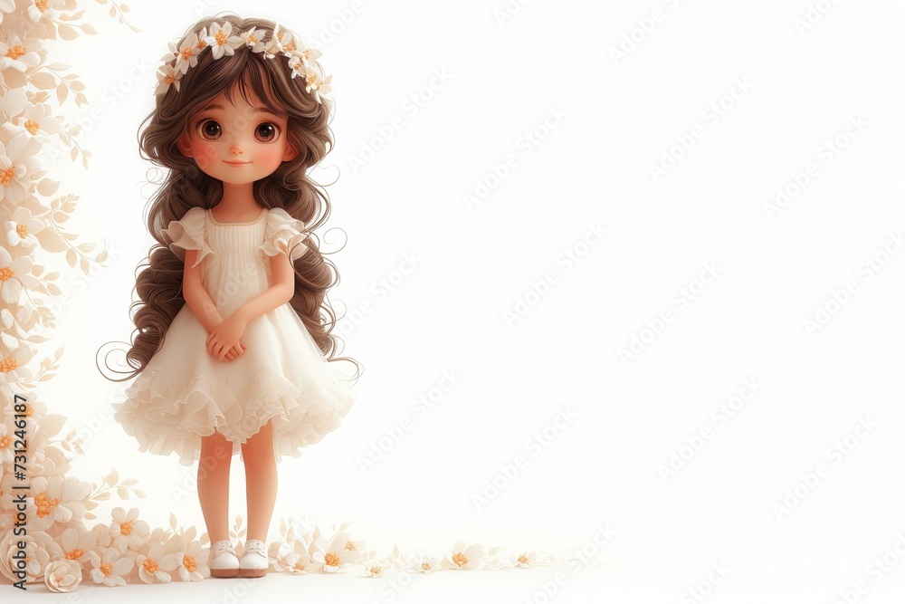 A cute, lovely girl in a lace dress with a floral wreath, resembling a porcelain doll.