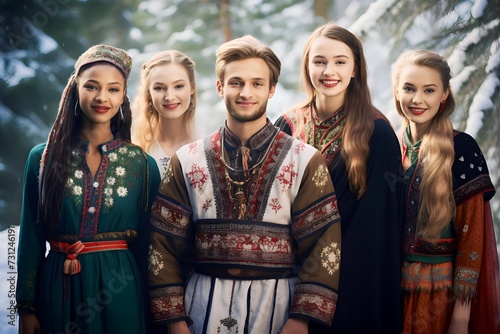 group of people with different cultural diversity with charming traditional clothes from various countries
