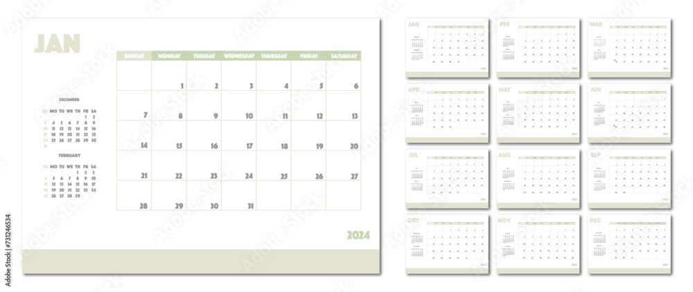 Calendar for 2024 on a light background. Ideal for the design of your workplace. Calendar for 2024 on a light background. Ideal for the design of your workplace.