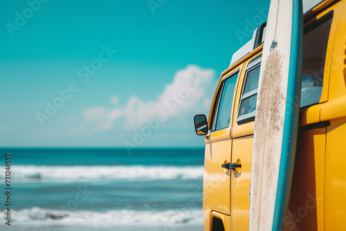 A yellow van with a surf board at the beach