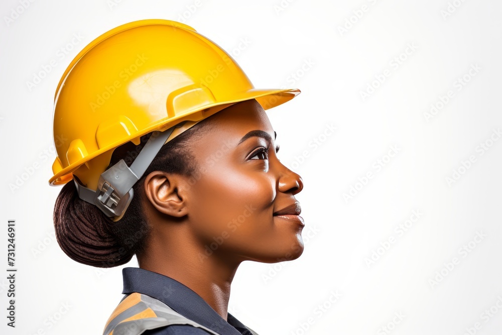 Smiling and friendly female site engineer in safety vest and hardhat against white background Smiling and friendly female site engineer in safety vest and hardhat against white background