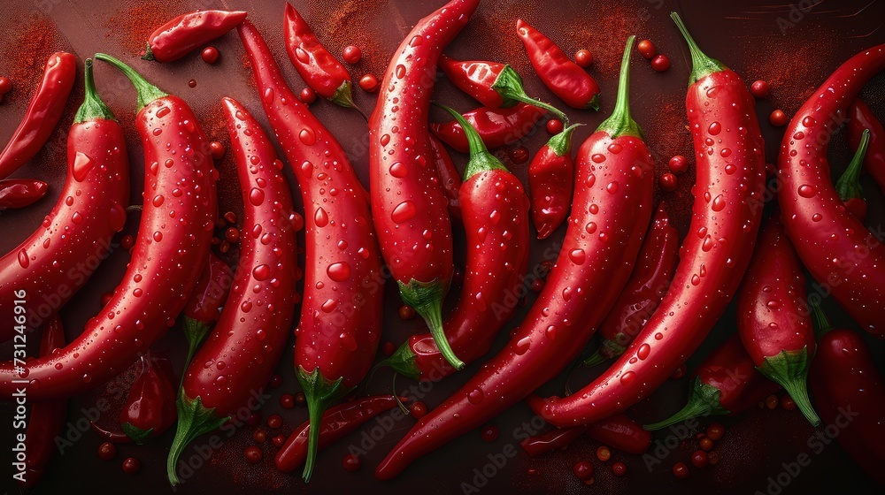 Messy red chilies on red background. Top view.