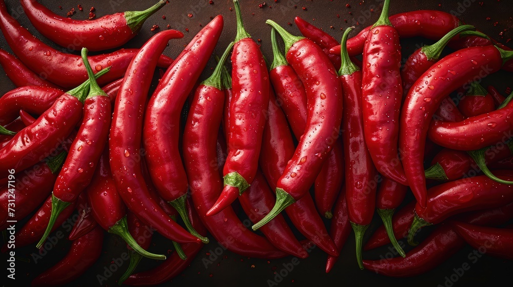Stacked rows of red chili peppers on a dark background. Top view.