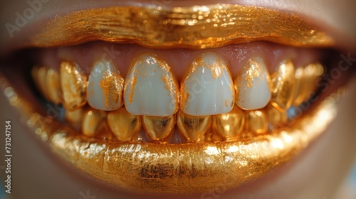 smile close-up shot of gold teeth and lips. Generative AI photo