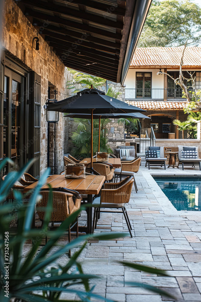 House patio with tables, chairs and pool