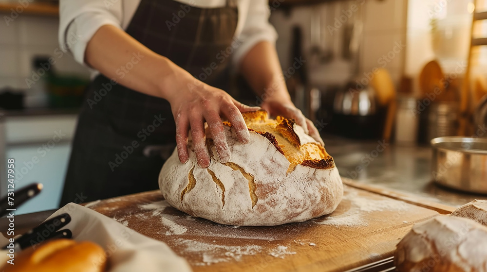 Artisanal bread-making by hipster, making sourdough in a cozy kitchen.  Traditional, handcrafted bread, dedication to culinary craftsmanship. Generative ai.