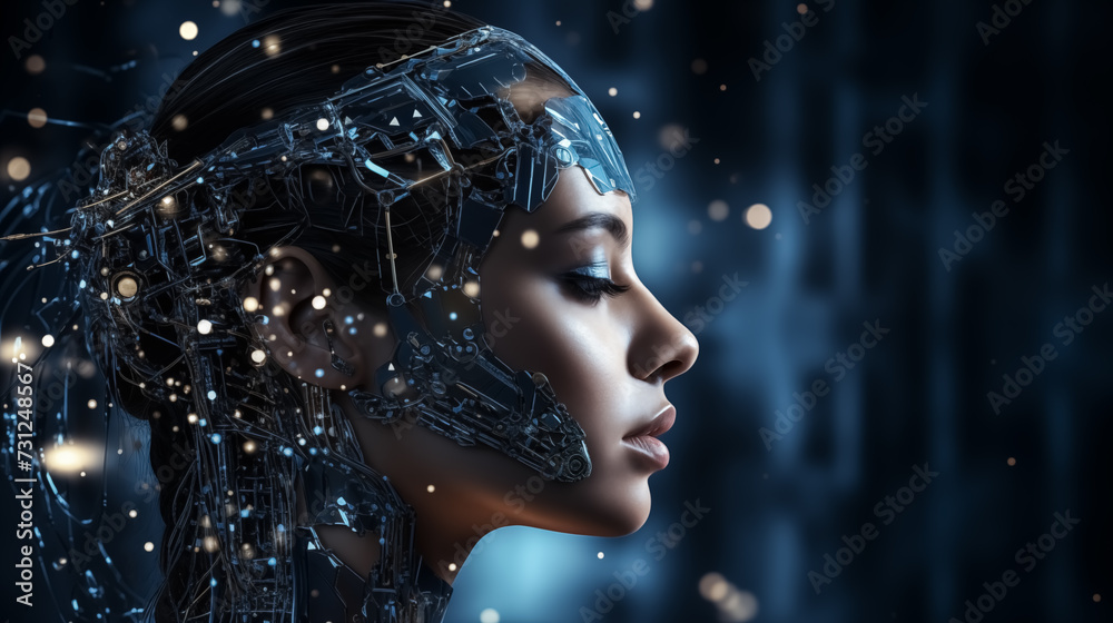 An image of woman robots, copy space, in form of women face a machine learning, big data, artificial intelligence, modern technology, AI robot creation