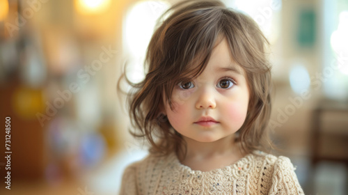 Close-up of a toddler with big brown eyes in a warm, home setting.