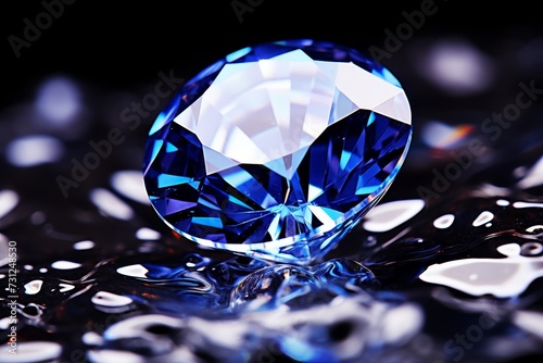 Close-up shot of dazzling diamond against dark blue background, showcasing brilliance and allure