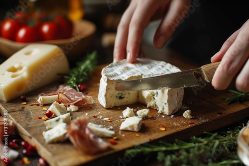 A skilled chef carefully slices through a block of creamy parmigianoreggiano, creating a mouth-watering delicacy to be enjoyed on a rustic wooden cutting board photo