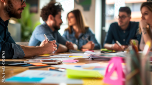 A team of professionals around a table with a vibrant brainstorming session in progress, business strategy, dynamic and dramatic compositions, with copy space