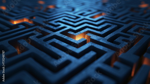 A complex maze with a clear path lit up, symbolizing problem-solving and strategic direction, business strategy, dynamic and dramatic compositions, with copy space