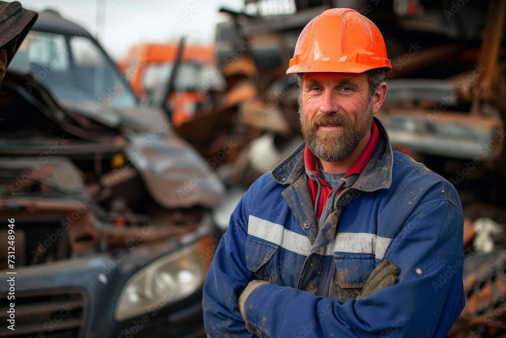 A rugged blue-collar worker, wearing a hard hat and high-visibility clothing, stands confidently next to his trusty vehicle, ready to take on any construction challenge with his engineer's expertise A rugged blue-collar worker, wearing a hard hat and high-visibility clothing, stands confidently next to his trusty vehicle, ready to take on any construction challenge with his engineer's expertise