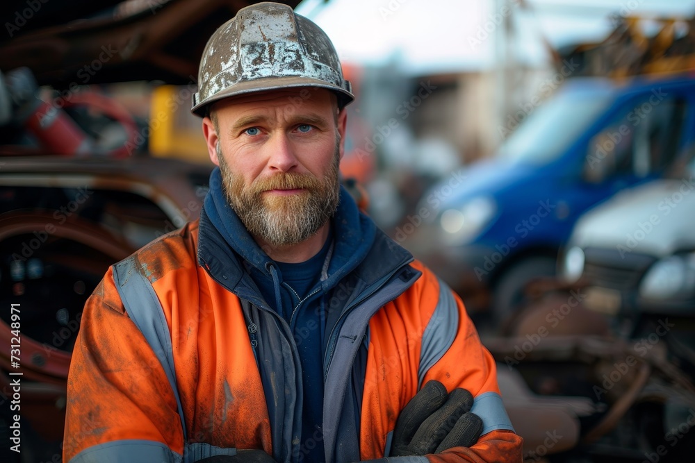 A rugged man with a thick beard and determined expression, clad in an orange jacket and helmet, stands confidently next to his car on a busy city street A rugged man with a thick beard and determined expression, clad in an orange jacket and helmet, stands confidently next to his car on a busy city street