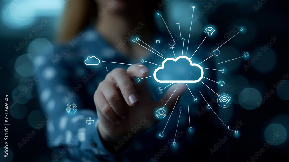 A businesswoman touching a cloud icon connected to various business functions, symbolizing cloud strategy integration, business strategy, dynamic and dramatic compositions, with copy space A businesswoman touching a cloud icon connected to various business functions, symbolizing cloud strategy integration, business strategy, dynamic and dramatic compositions, with copy space