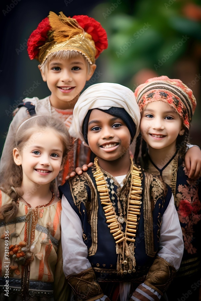 The group of children is culturally diverse with charming traditional clothing from various countries