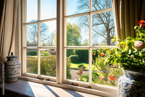 First-person perspective  view of a traditional English country garden through the panes of a living-room window on the ground floor in a quaint cottage