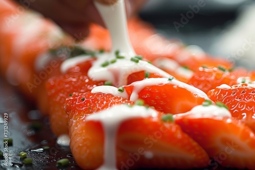 A vibrant and enticing culinary masterpiece, this close-up of a strawberry delicacy captures the essence of a fruit's natural beauty and the art of food garnishing