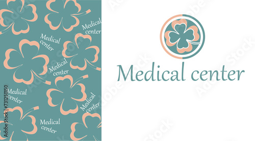 Medical center - business card for a doctor. Clover in a circle in pink-green colors. Logo in vector.