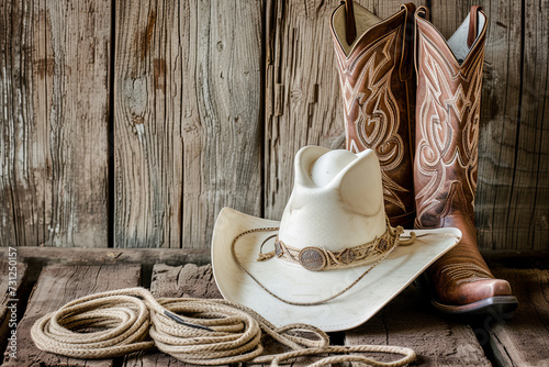 American West rodeo traditional white straw cowboy hat with authentic Western lariat lasso and roper leather boots on distressed barn wood background