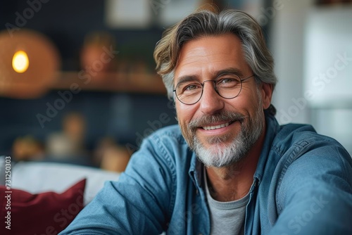 A joyful man exudes warmth and wisdom as he gazes into the camera, his friendly smile framed by a well-groomed beard and glasses