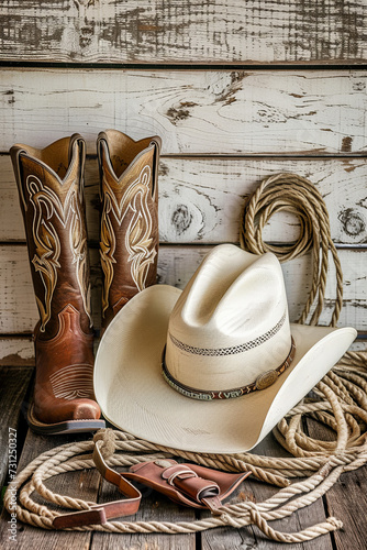 American West rodeo traditional white straw cowboy hat with authentic Western lariat lasso and roper leather boots on distressed barn wood background