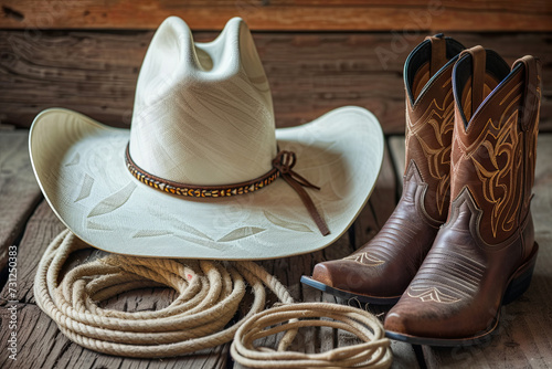 American West rodeo traditional white straw cowboy hat with authentic Western lariat lasso and roper leather boots on distressed barn wood background