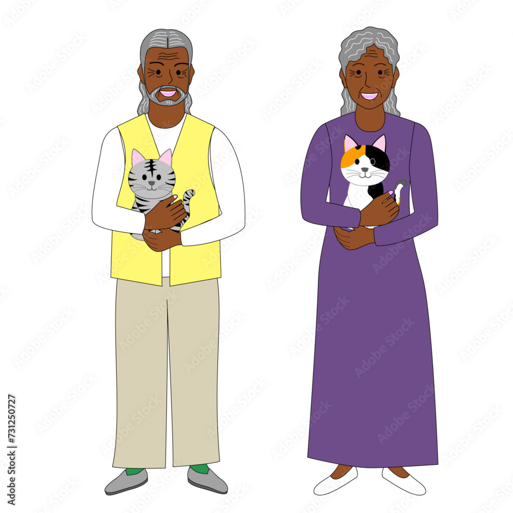 Black senior couple, holding a pet, white background Black senior couple, holding a pet, white background