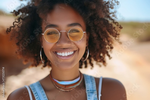 A stylish woman happily smiles at the camera while wearing eyewear and a fashionable jheri curl, showcasing her confident and vibrant personality