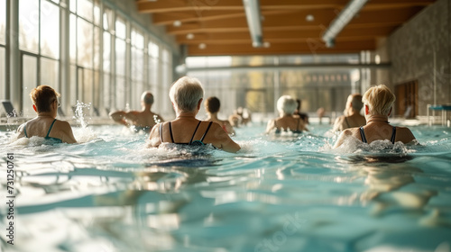 A group of elderly people performing aqua aerobics exercises together in a modern swimming pool