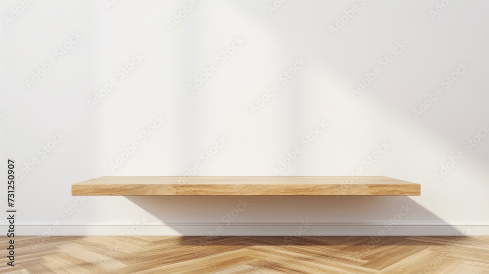 An empty wooden shelf on the wall, in an empty room, laminate flooring. An empty wooden shelf on the wall, in an empty room, laminate flooring.