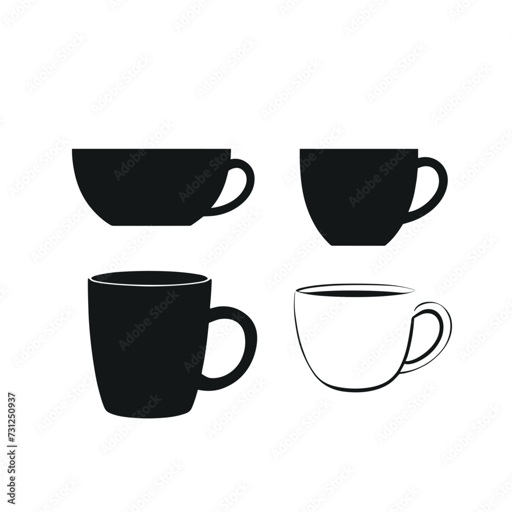 Minimalist illustration of four different black and white coffee cups against a clean white background. Minimalist illustration of four different black and white coffee cups against a clean white background.