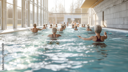 A group of elderly people performing aqua aerobics exercises together in a modern swimming pool