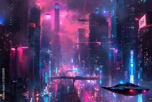 futuristic cityscape with tall skyscrapers, flying cars, and neon lights illuminating the streets