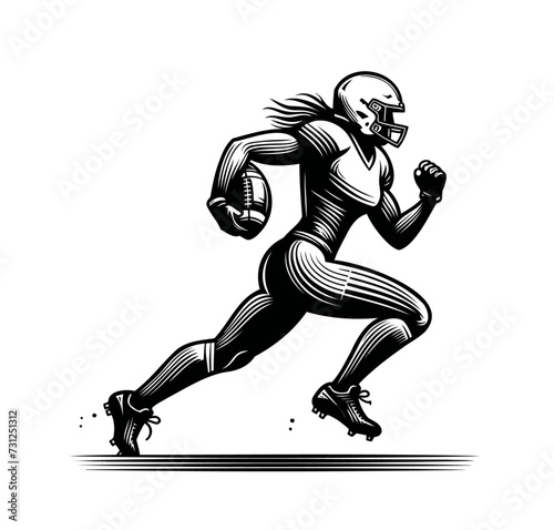 American football girl or woman player. Vector illustration. In hand drawn style, linocut like