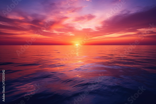 picturesque sunset over a calm ocean  with hues of orange  pink  and purple in the sky