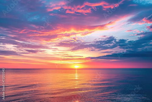 picturesque sunset over a calm ocean, with hues of orange, pink, and purple in the sky © Formoney