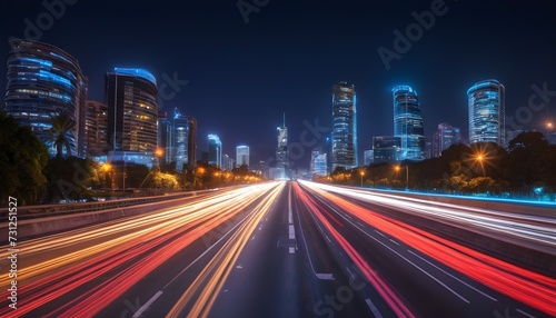 Night city skyline with traffic lights on the highway 