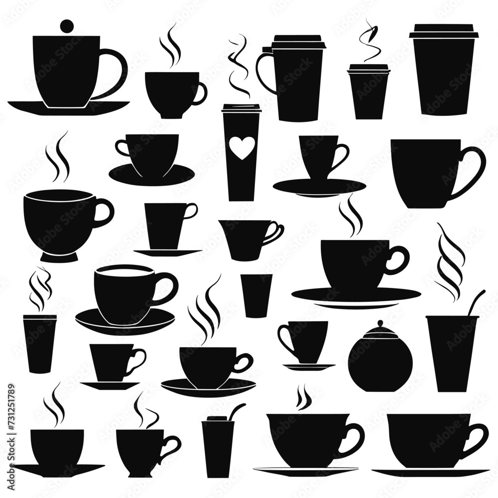 Black and white silhouettes of various coffee and tea cup designs, showcasing different styles and shapes with steam rising from some cups. Black and white silhouettes of various coffee and tea cup designs, showcasing different styles and shapes with steam rising from some cups.