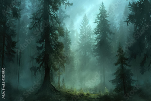 Design a mystical forest with towering trees and a foggy atmosphere