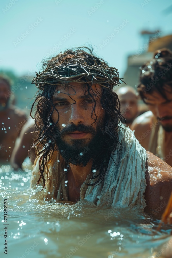 Man With Crown in Water During Baptism. Generative AI.