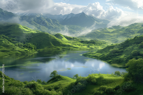 Generate a mesmerizing landscape with rolling hills and a serene lake in the foreground © Formoney