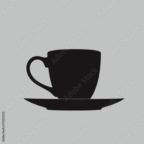 Silhouette of a coffee cup on a saucer against a simple gray background.